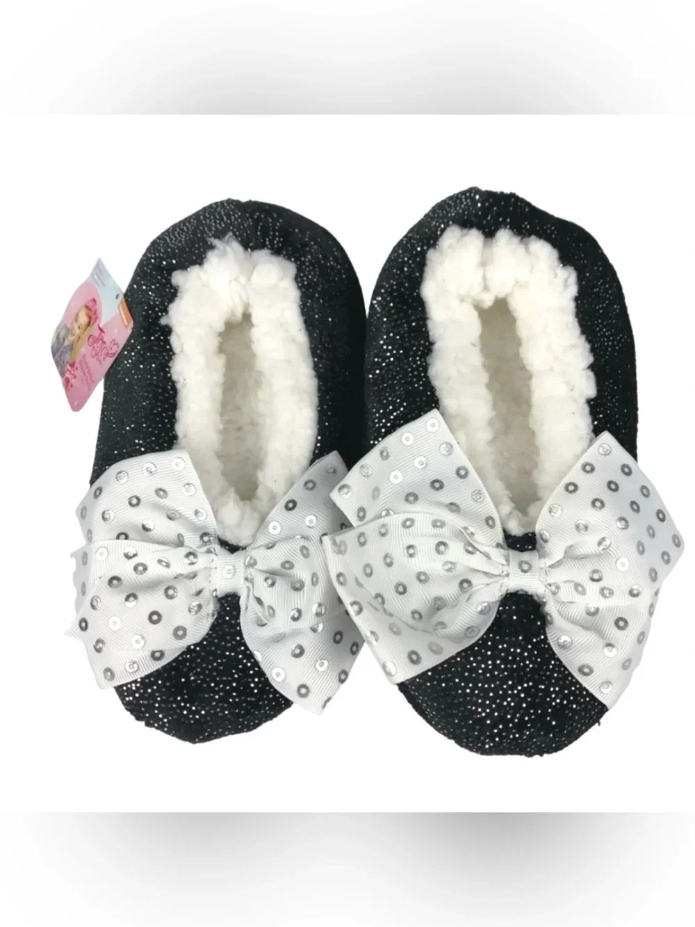 JoJo Siwa Girls Slipper Socks S M 8-13 Black Sparkle Bow Nickelodeon Cozy Fuzzy